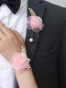 2pcs Rose Flower With Alloy Brooch And Wrist Corsage Set, Suitable For Groom, Bride, Groomsman, Bridesmaid, Wedding, Engagement, Banquet, Anniversary, Graduation Events,Elegant,Party - Baby Pink - View 5