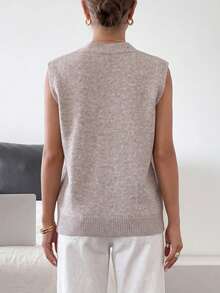 女士提花针织背心，宽松V领单排扣无袖开衫 - 乾枯玫瑰色 - 查看 2