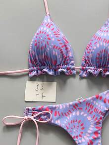 Bộ bikini hai mảnh màu trơn, kiểu dáng giản dị, thanh lịch, gợi cảm, buộc dây, đính hạt ngọc trai giả và chấm bi, phong cách Bohemian, thích hợp cho kỳ nghỉ biển, du lịch mùa xuân/hè. - Màu Lilac Tím - Xem 4