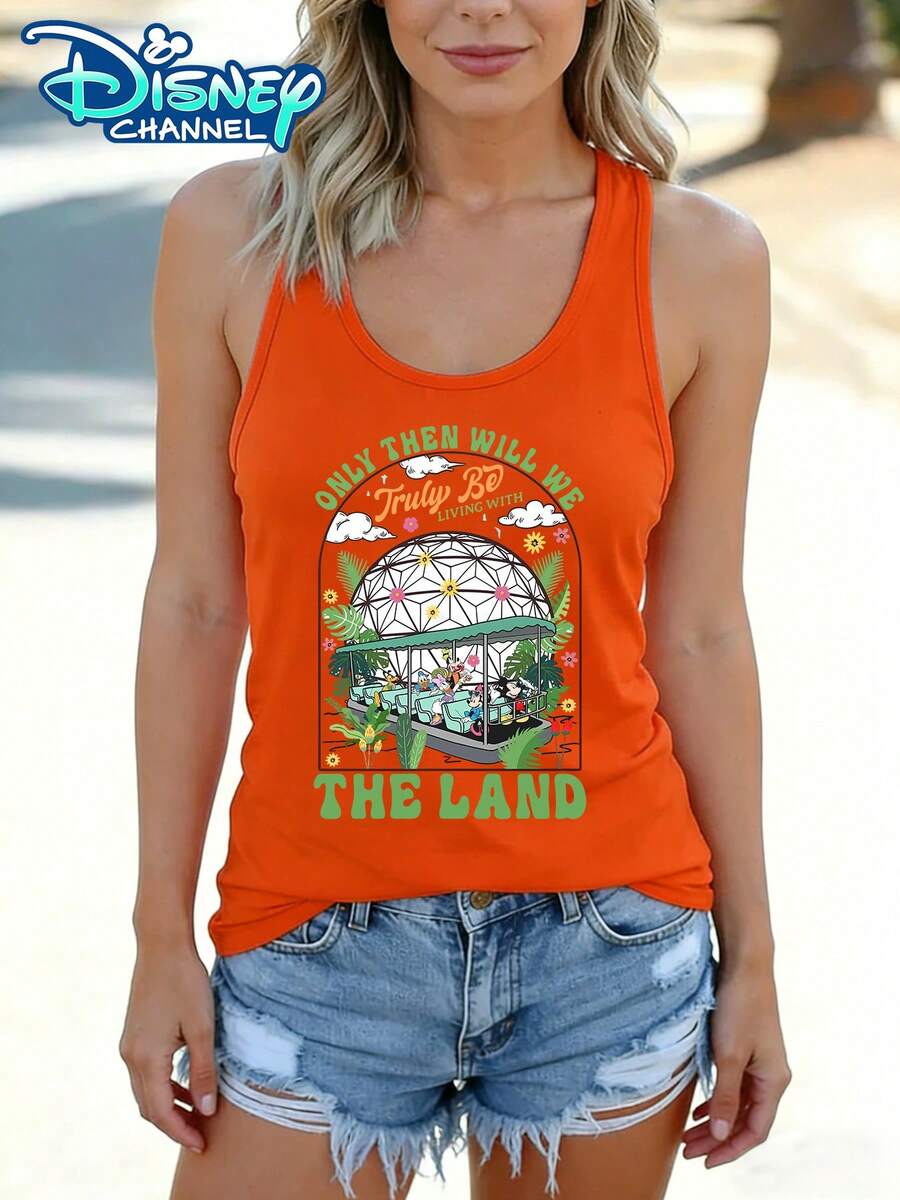 Disney Women's Casual Tank Top With Park Green Plants And Earth Theme Slogan Prints, Perfect For Vacation And Daily Casual Wear. - 橘色 - 查看 1