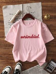 1 chiếc áo thun nữ tay ngắn cổ tròn dáng rộng in chữ "Overstimulated", màu hồng casual mùa hè. - Hồng - Xem 4