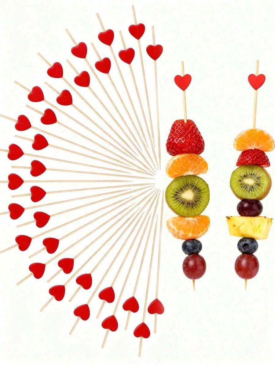100pcs Pink Heart Shaped Bamboo Cocktail Picks, Cake Decorations, Fruit Picks, Salad Picks, Appetizer Picks, Suitable For Weddings, Parties, Valentine's Day, Birthdays, Christmas Gifts - Nhiều màu - Xem 1