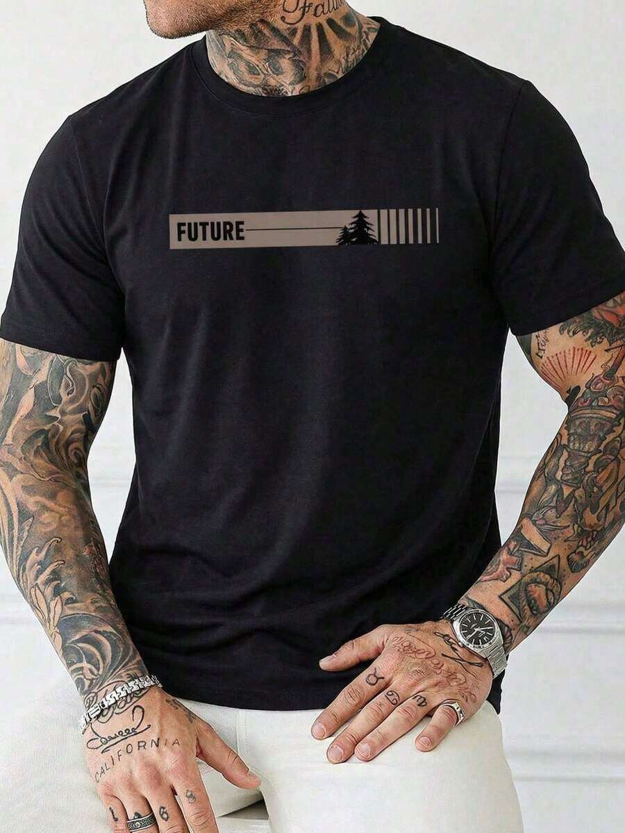100% Pure Cotton, Breathable And Gentle On The Skin. Classic Crew Neck Design, Slim Fit, And Flattering For All Body Types. Fashionable Print With A Minimalist Style And High-Quality Finish. Unisex Design Perfect For Matching Outfits, Ideal For Everyday Wear, Dates, Leisure, And Streetwear – Versatile And Timeless. - 黑色 - 查看 1