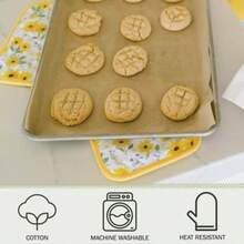 Heat Resistant Designer Pot Holders with Hand Pockets and Hanging Loops Set of 2 100% Cotton Dual Function Kitchen Pot Holders and Trivets 7'' x 9'' Sun Flowers - Amarillo - Ver 4