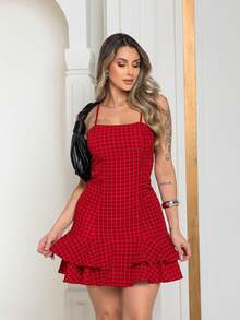 Short Plaid Dress With Bare Back And Crossover For Women's June Party, São João, Duna, Frill, S To L - 紅色 - 查看 5