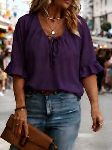 Blusas casuales de verano para mujer de talla grande, de unicolor, con detalle de nudo y volantes/volantes - Morado - Ver 4