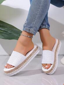 2026 Summer New Woven Platform Rivet Sandals, Thick Sole One-Strap Slides, Large Size Women Shoes For Overseas Market - White 1 - View 5