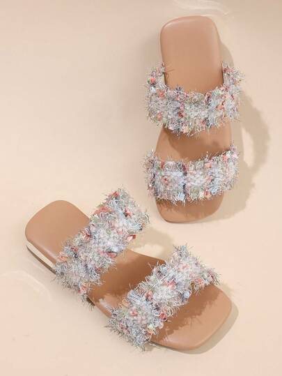 1 par de sandalias para niñas 2026 - Tela metálica esponjosa, diseño de punta abierta, plana, estilo casual brillante y lindo para niños, adecuada para uso diario, vacaciones en la playa y verano