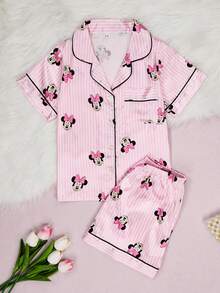 Disney Series Striped Cartoon Print 2-Piece Casual Matching Short Sleeve Top And Elastic Waist Shorts Pajama Set For Tween GirlsSilk-Like Soft And Breathable Fabric, Suitable For All Seasons - Pink - View 8