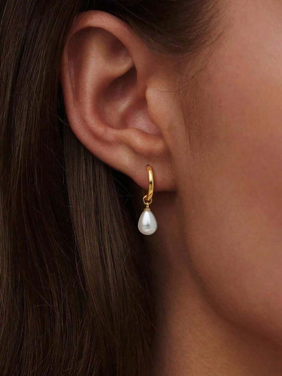 1 Pair Stainless Steel Waterproof And Non-Fading Stylish Women's Gold/Silver Water Droplet Pearl Hoop Earrings, Suitable For Women's Daily Wear - 多色 - 查看 1