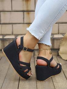 French Platform Sandals For Women, Summer Outdoor Criss-Cross Strap High Heel Wedge Thick Bottom Open Toe Roman Shoes - Black - View 5