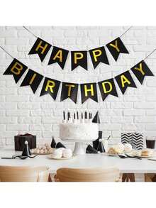 黑色生日快樂紙製吊旗套組，燙金 Happy Birthday 字母橫幅，現代金屬字母圖案裝飾拉旗，適用生日派對活動裝飾，黑色生日裝飾，週年紀念 - 彩色 - 查看 4