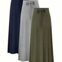 Plus Size - 3pcs Women'S Solid Color Elegant Long Skirt Fashionable High Waisted Elastic Slit A-Line Skirt Large Casual, Daily Wear, Comfortable Clothing, Aline Silhouette, Elastic Fabric, Large Size Skirt, Women'S Skirt, Curvaceous Women - Xanh hải quân + xám + xanh lá cây - Xem 1