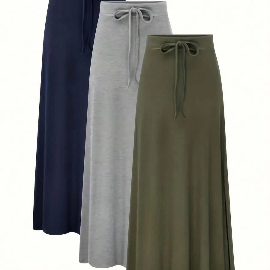Plus Size - 3pcs Women'S Solid Color Elegant Long Skirt Fashionable High Waisted Elastic Slit A-Line Skirt Large Casual, Daily Wear, Comfortable Clothing, Aline Silhouette, Elastic Fabric, Large Size Skirt, Women'S Skirt, Curvaceous Women - Xanh hải quân + xám + xanh lá cây - Xem 1