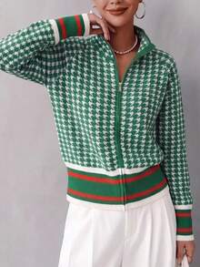Áo khoác cardigan dệt kim họa tiết răng cưa màu xanh lá cây dành cho nữ, có khóa kéo và cổ đứng, tay dài, độ co giãn vừa phải, chiều dài tiêu chuẩn, thích hợp cho mùa thu/đông. - màu xanh lá - Xem 3