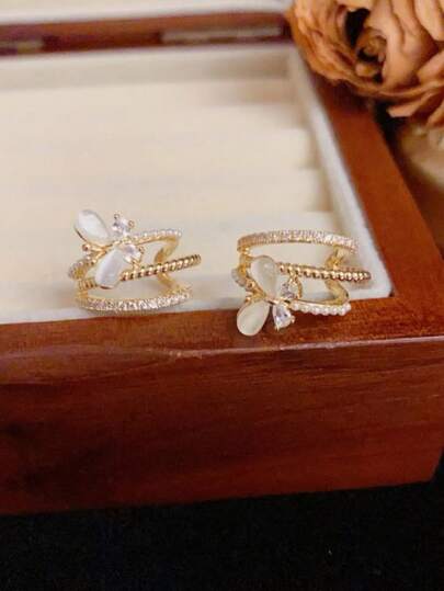 1件装奢华时尚水钻蝴蝶多层弧形耳环，百搭日常佩戴及拍照配饰，女士适用