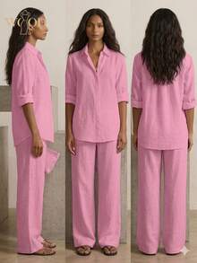 WOOD 2026 New Spring/Summer Bohemian Style Cotton-Linen Women's Two-Piece Set, Cotton-Linen Fabric, Moisture-Wicking, Breathable And Durable, Suitable For Daily Wear, Shopping, Dates, Commuting, Etc Mother's Day Gift - 粉紅色 - 查看 3