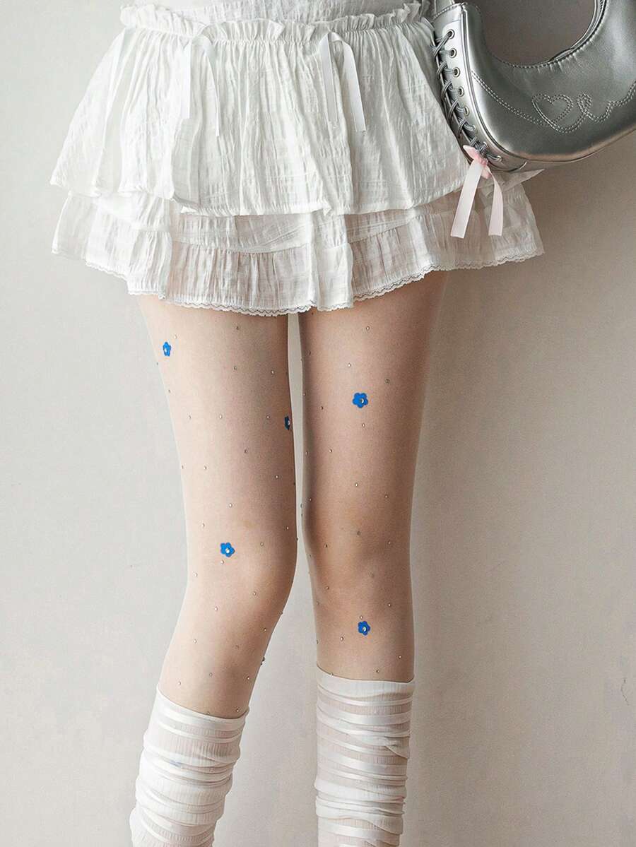1 Pair Floral & Rhinestone Decorated Pantyhose/Tights - Available In 4 Colors: Blue/White/Black/Yellow. This Pantyhose Features A 3D Rhinestone And Petal Pattern Design, With A Sensual Aesthetic. The High-Waist Design Prevents Slipping, Making It Very Suitable For Spring And Summer Wear. It Pairs Perfectly With Cute-Style Outfits. - Multicolor - View 1