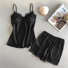 Pijama con tirantes para mujer, conjunto de dos piezas de encaje de seda helada, ropa para el hogar, pantalones cortos finos, tirantes con cuello en V, verano - Negro - Ver 1