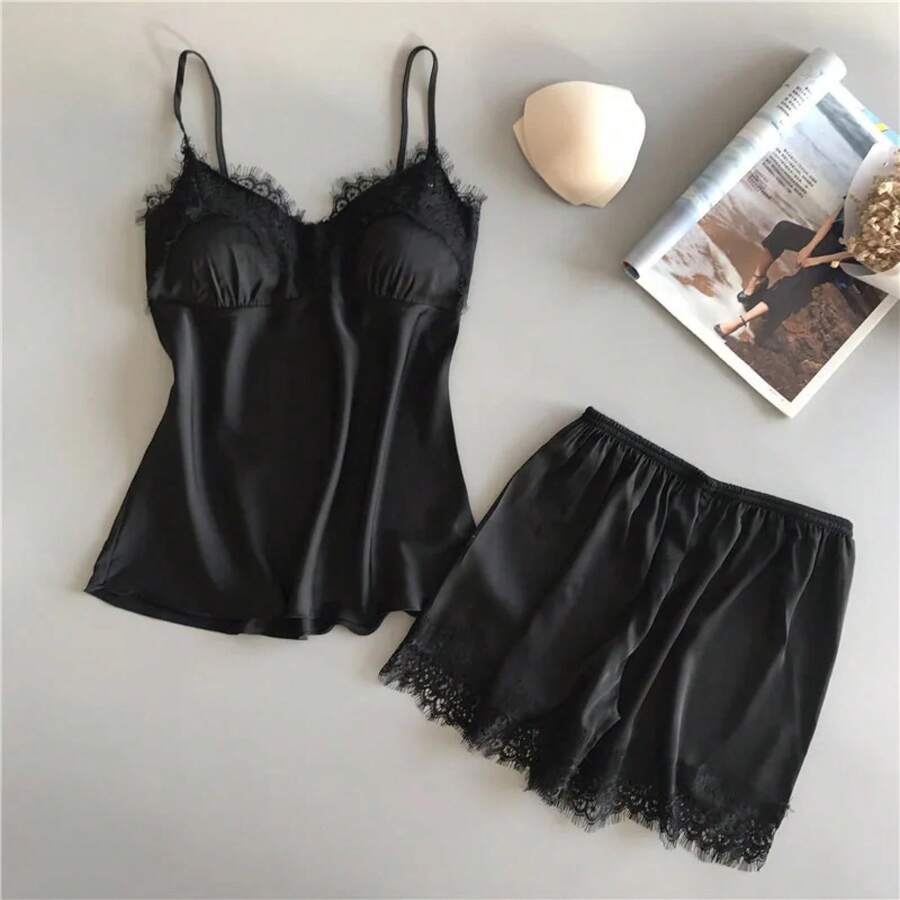 Pijama con tirantes para mujer, conjunto de dos piezas de encaje de seda helada, ropa para el hogar, pantalones cortos finos, tirantes con cuello en V, verano - Negro - Ver 1