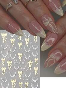 Bowknot Nail Stickers, French Yellow Ribbon Lace Nail Stickers, Cream French Bow Nail Stickers, Self-Adhesive French Style Nail Stickers, Exquisite 3D Ribbon Bow & Lace Edge Nail Stickers, Women & Girls DIY Nail Decor, Fashionable & Sweet Bow Decor Stickers, Y2K Design Style Nail Stickers, DIY Or Nail Salon Nail Stickers - Multicolor - View 2