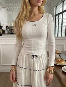 Women's Crew Neck Long Sleeve Ribbed White Top With Cute Bow Decor - Apricot - View 4