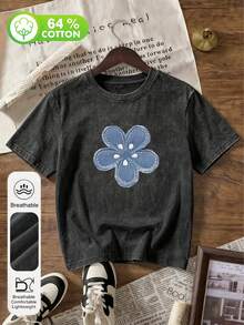 Áo thun nữ cỡ lớn mặc hàng ngày, chất liệu giả denim 64% cotton, họa tiết hoa, cổ tròn, tay ngắn, kiểu dáng đơn giản mùa hè, giặt mài; Áo thun nữ màu đen giặt mài, chất liệu 64% cotton, họa tiết hoa xanh, cổ tròn, tay ngắn, kiểu dáng thường ngày mùa hè; - màu đen - Xem 2