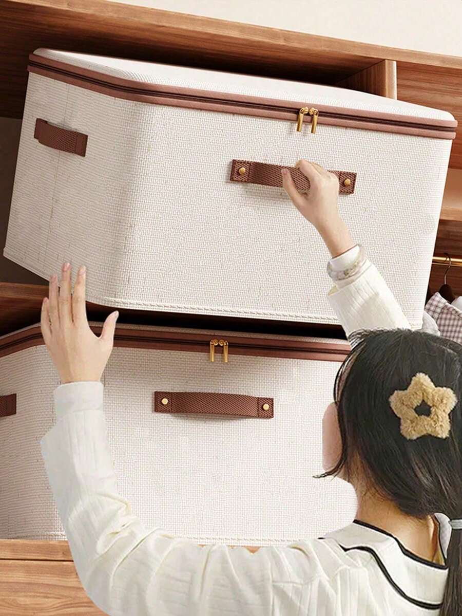 可折叠亚麻布收纳盒，大容量衣物整理箱，带加固提手，可堆叠衣柜抽屉式收纳箱，适用于毛衣、牛仔裤、卧室衣物等。 - 米色 - 查看 1