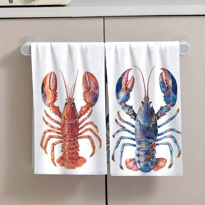 Bộ 2 khăn in hình tôm hùm - Khăn trang trí, chất liệu microfiber siêu thấm hút, có thể giặt máy, thích hợp trang trí ngày lễ, nấu nướng, làm bánh, làm quà tân gia và lau dọn, dùng cho nhà bếp, phòng tắm, nhà vệ sinh.