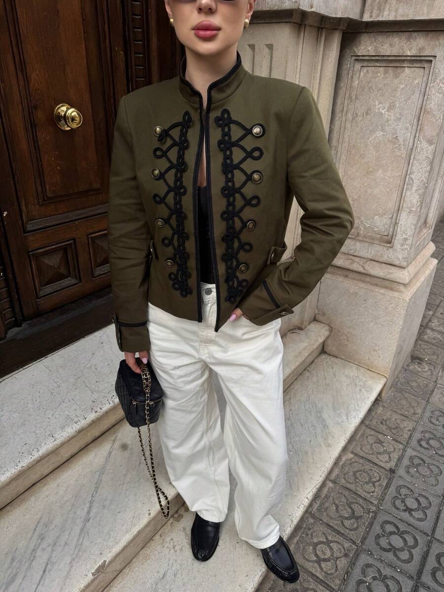 Camellia New Arrival Women's Fashion European And American Style Padded Shoulder Tie Knot Button Blazer, Autumn/Spring - Green - View 1