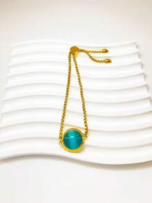 Pulsera ajustable de acero inoxidable con piedra de ojo de gato verde menta, joyería de lujo chapada en oro de 18K para el día a día - Dorado - Ver 6