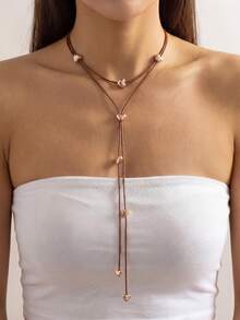 1pc Minimalist Retro Black Cord With Metal Ball Multilayer Y-Necklace, Suitable For Daily Wear, Party, And Vacation - Brown - Heart - View 5