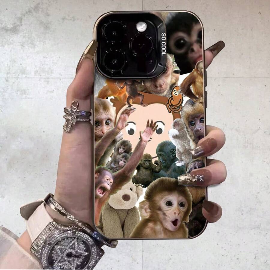 Un collage con temática de monos| Estilo japonés Ukiyo-e - duradero y de larga duración| Protección de la cámara| A prueba de golpes y anti-caídas| Acabado plateado de lujo ligero| Cómodo y antideslizante| Sencillo y discreto, el proceso de impresión plana IMD es adecuado para iPhone 17/16/15/14/13/12/11 - funda suave de TPU negra, ofrece protección contra golpes, promoción navideña, preventa del . - Colores mixtos - Ver 1