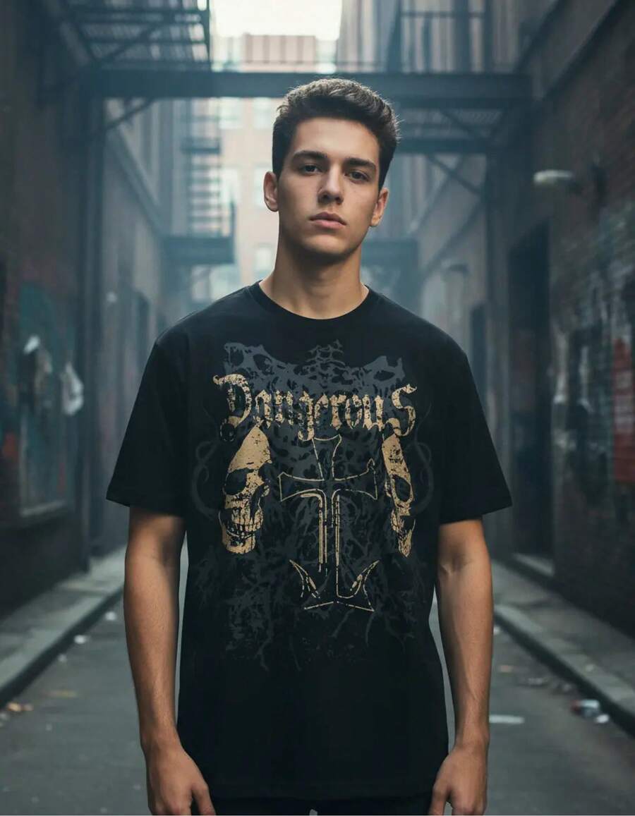 Loose-Fitting T-Shirt With Skull And Cross Print In A Stylish - 黑色 - 查看 1
