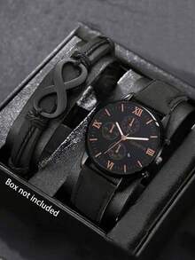 2pcs/Set Jam Tangan Quartz Geneva Kasual Pria dengan Kalender & Tali Kulit - Set dua potong - View 6