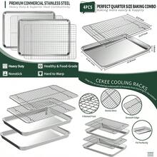Juego de bandeja de cuarto con estante de refrigeración [2 bandejas para hornear + 2 estantes para hornear] hojas de galletas de acero inoxidable CEKEE para hornear y rejilla de alambre resistentes al óxido y a la deformación y antiadherente tamaño 12 x 9.8 x 1 pulgada - Plateado - Ver 1