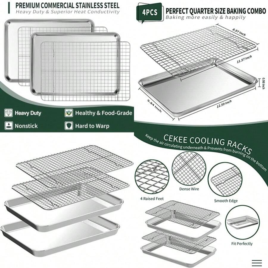 Juego de bandeja de cuarto con estante de refrigeración [2 bandejas para hornear + 2 estantes para hornear] hojas de galletas de acero inoxidable CEKEE para hornear y rejilla de alambre resistentes al óxido y a la deformación y antiadherente tamaño 12 x 9.8 x 1 pulgada - Plateado - Ver 1
