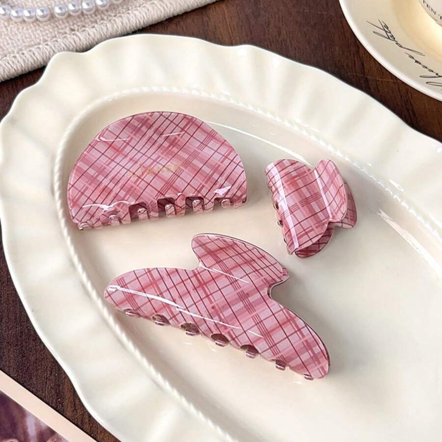 3pcs Women's Elegant Plaid Pink Hair Clips, Suitable For Daily Use, Home, School, Beach, Office, Party, Holiday, Birthday, Back To School, New Year, Valentine's Day, Mother's Day, Christmas, Wedding, Music Festival, Graduation, Spring/Summer/Autumn/Winter,Travel - Multicolor - View 1