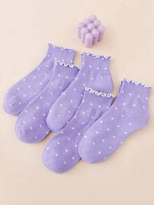 10 Pairs Women's Purple Sweet Ruffle Edge Fresh Heart Pattern JK Style Comfortable Breathable Short Socks - Purple - View 3