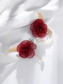 2 piezas Conjunto de flor de rosa con broche de aleación y corsage de muñeca, adecuado para novio, novia, padrino, dama de honor, boda, compromiso, banquete, aniversario, eventos de graduación, elegante, cumpleaños - Rojo oscuro - Ver 3
