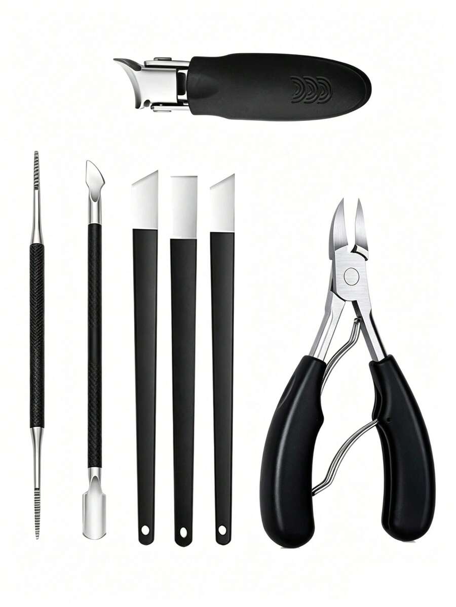 7pcs Pedicure Tool Set, Extra Sharp Large Nail Clipper, Stainless Steel Thick Hard Nail File - B-Black - View 1