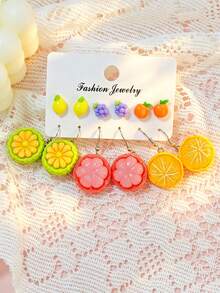 12pcs Women Dopamine Sweet Simulated Fruit Earrings Set, Funny Pineapple, Jackfruit, Orange, Grape, Lemon Pendant Earrings - Multicolor - View 3