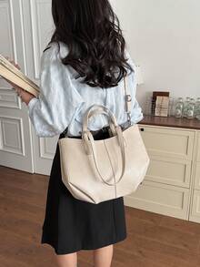 Women's Solid Color High-Quality Leather Large Capacity Handbag, Shoulder Bag, Tote Bag For Daily Use - Beige - View 5