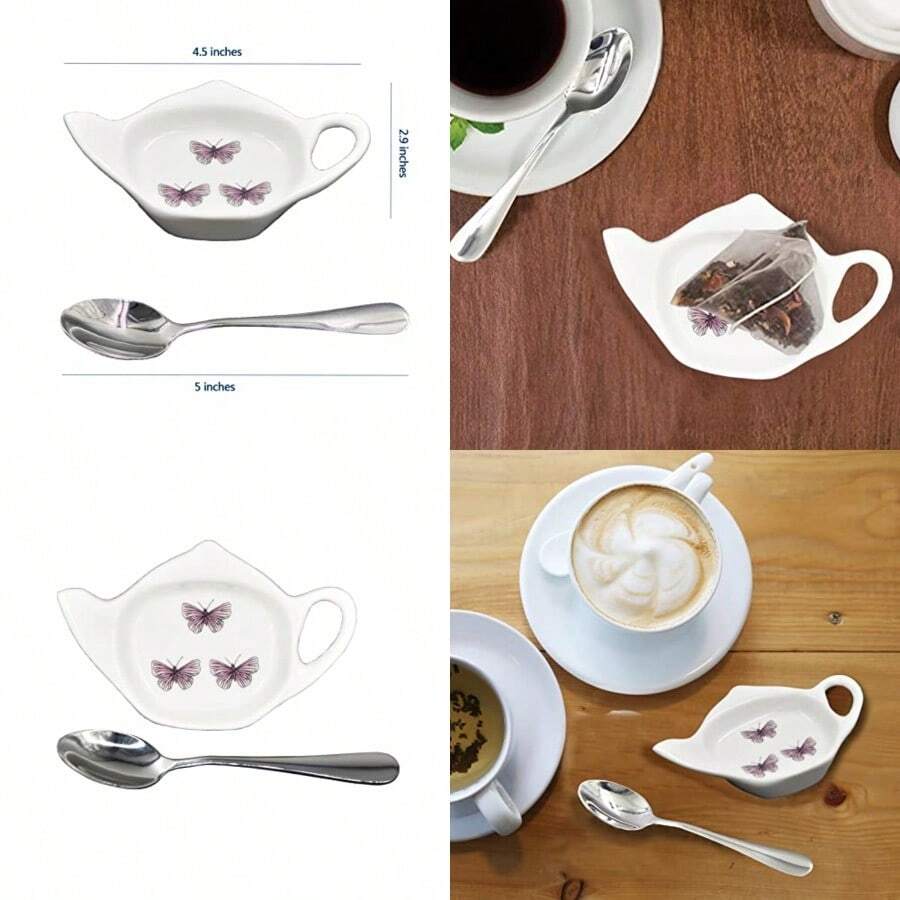 Tea Bag Holder Ceramic Teabag Holder Dish Teapot shaped Spoon Rest Set 4.5 inches - Mariposa - Ver 1