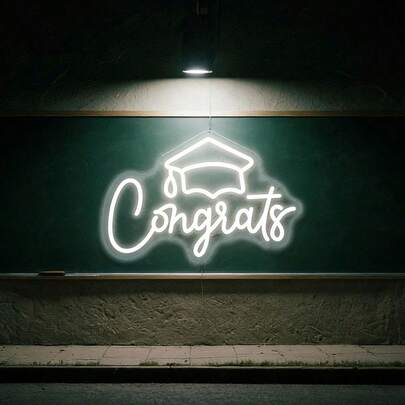 1 pieza Letrero de neón LED "Felicidades graduado" - Decoración de pared con luz regulable alimentada por USB, con diseño de gorra de graduación y copa de champán, estilo de escritura para fiesta de graduación, celebración en el hogar y oficina, estructura de plástico, decoración de graduación, iluminación ambiental para fiestas, decoración, directa de fábrica