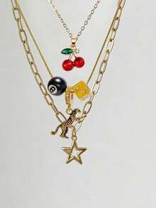 3pcs Leopard & Cherry Necklace Set, Ball-8 Billiard Dice Charm Necklace, Red Cherry Necklace, Fashionable Star Necklace, Classic Leopard NecklaceGift - Vàng - Xem 12