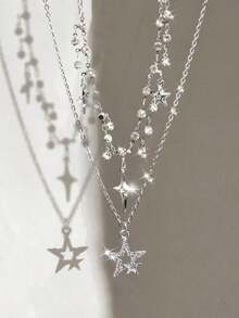 2pcs Rhinestone Star & Cross Tassel Pendant Necklaces, Bling Zirconia Gothic Delicate Y2K Layered Choker Necklaces For Women - 銀 - 查看 2