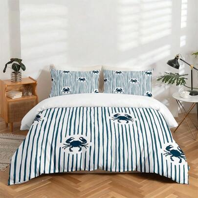 Bộ ga trải giường 3 món in kỹ thuật số độ phân giải cao, phong cách Ins, chủ đề đại dương tươi mát, họa tiết cua sọc dọc màu xanh trắng vẽ tay, bao gồm 1 vỏ chăn + 2 vỏ gối, phù hợp cho phòng ngủ, phòng khách, trang trí nhà cửa, chất liệu polyester, siêu mềm mại và thân thiện với da, thoáng khí quanh năm, có thể giặt máy.