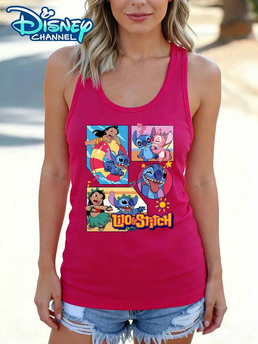 Disney Official Authorization | Women's Casual Crew Neck Sleeveless Tank Top. Features A Print Of Lilo & Stitch. This Loose-Fit T-Shirt Is Suitable For Disney Fans Of All Ages, Making It An Ideal Choice For Vacations, Outings, And Daily Casual Wear. - Màu Hồng Tươi - Xem 1