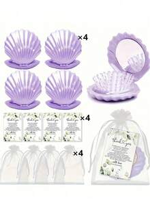 12pcs/4sets Shell Shaped Mirror & Comb 2-In-1 Set, Includes 4 Shell Mirrors, 4 Thank You Cards, And 4 Organza Bags, Suitable For Weddings, Bachelorette Parties, And Hen Parties - Multicolor - View 11